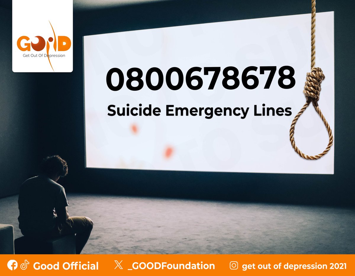 _GOODFoundation's tweet photo. There is always a way out so, contact the emergency line to seek help.
#endsuicide
#youmatter
#mentalhealthmatters
#endmentalstigma
#getoutofdepression https://t.co/uWJy1waPiI
