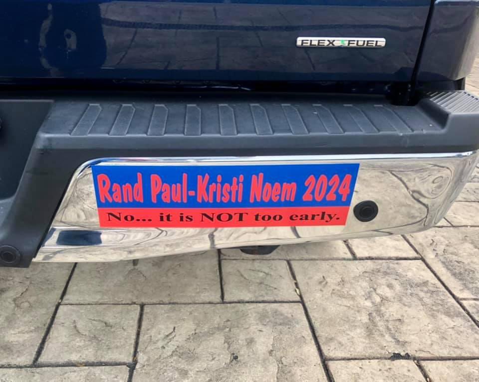 mrosspiper's tweet photo. @KristiNoem @realDonaldTrump Governor, I am a huge fan of yours. I've had this custom-made bumper sticker on my truck since before Thanksgiving 2020. But your endorsement troubles and disappoints me. The only way I would even consider voting for the man is if you were his running mate. https://t.co/jQfBtla2Iy