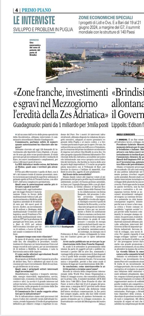 𝐔𝐧 𝐚𝐧𝐧𝐨 𝐝𝐢 𝐙𝐄𝐒 𝐀𝐝𝐫𝐢𝐚𝐭𝐢𝐜𝐚

Intervista esclusiva al Commissario del Governo della ZES Adriatica, Manlio Guadagnuolo, pubblicata su Gazzetta del Mezzogiorno 📰🗞️