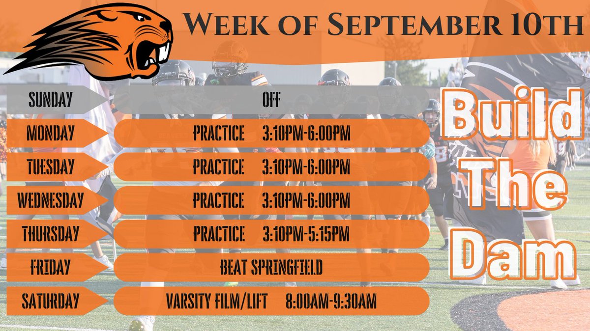 Beavercreek_FB's tweet photo. Weekly Schedule for September 10th!
JV-A vs Springfield 9am Saturday
JV-B vs Wapakoneta 11am Saturday
#BeatSpringfield #BuildTheDam 🪵🦫 https://t.co/7dfsR14R70