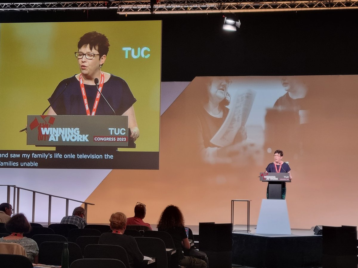 David__Belsey's tweet photo. @EISUnion Nicola Fisher speaking at @The_TUC Congress in favour of free school meals for all  children and the "despicable" two child policy. https://t.co/KmYed9m0GR