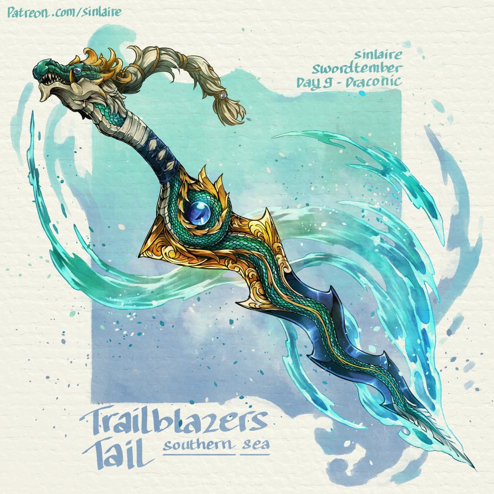 #Swordtember Day 9 - Draconic 
Trailblazer's Tail (Southern Sea) 

Also known as Draganthoka, a weapon made from an ancient sea wyrm scale that conjures an ocean wave to propel your step and sweep your enemies

Hi-res images, stat, and cards available on Patreon  #Swordtember2023