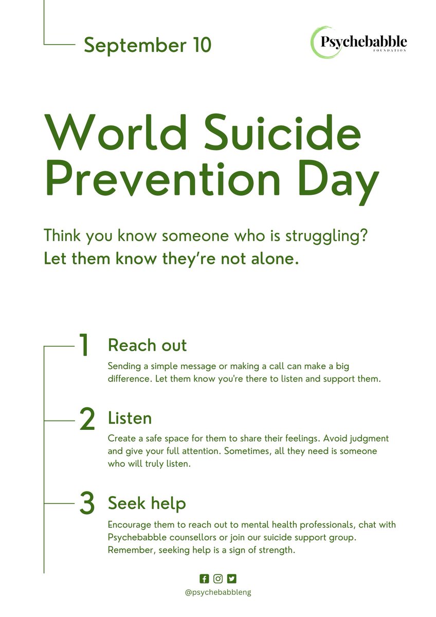 Today is #suicidepreventionday
Do you know someone who is struggling? 

Here are some ways to let them know they're not alone

Also register and get a friend to register for our support group. Register via the link in our bio.

#psychebabblefoundation #thereishope #bethe1to
