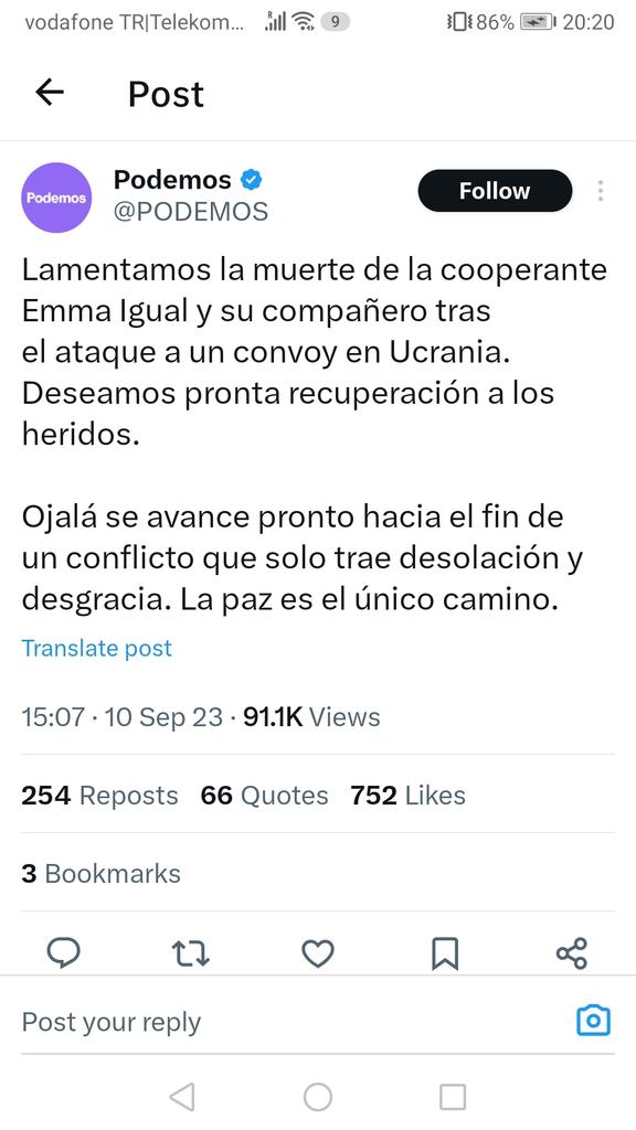 DrAdamNovak's tweet photo. Podemos, Spain's once-admired left bloc, has lost its tongue. It can't say that two Spanish humanitarian workers died in a RUSSIAN attack on HUMANITARIAN convoy. Podemos says it wants a 'rapid end' to the war but won't call on the aggressor to stop and pull back. https://t.co/Bj5KDcNIRP