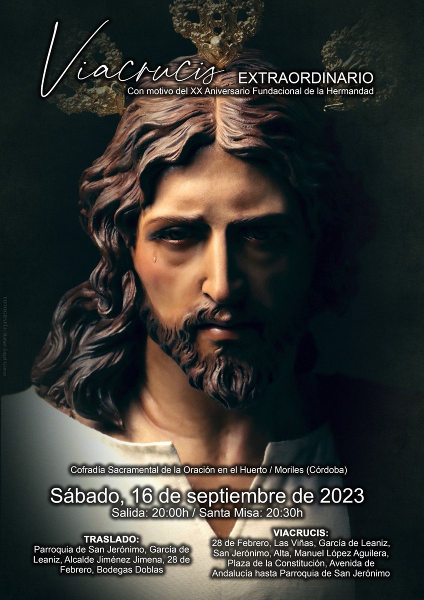 ✝️ VIA CRUCIS EXTRAORDINARIO✝️ con motivo del XX Aniversario Fundacional.

El próximo sábado, 16 de septiembre, tendrá lugar la celebración del Via Crucis Extraordinario con la Imagen de Nuestro Padre Jesús de la Oración en el Huerto.

#20AñosDeOración