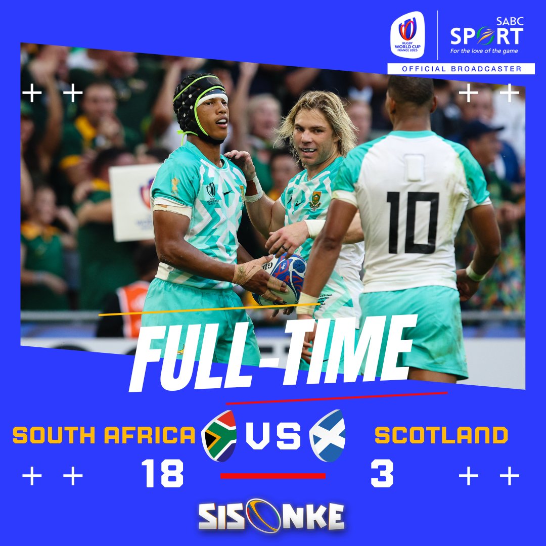 SABC_2's tweet photo. The #RWCC started by defending their title with 18points over 3 from Scotland.

Congratulations Bokke!!!
#RWC23 #SABCSportsRugby https://t.co/igT9atBdK5