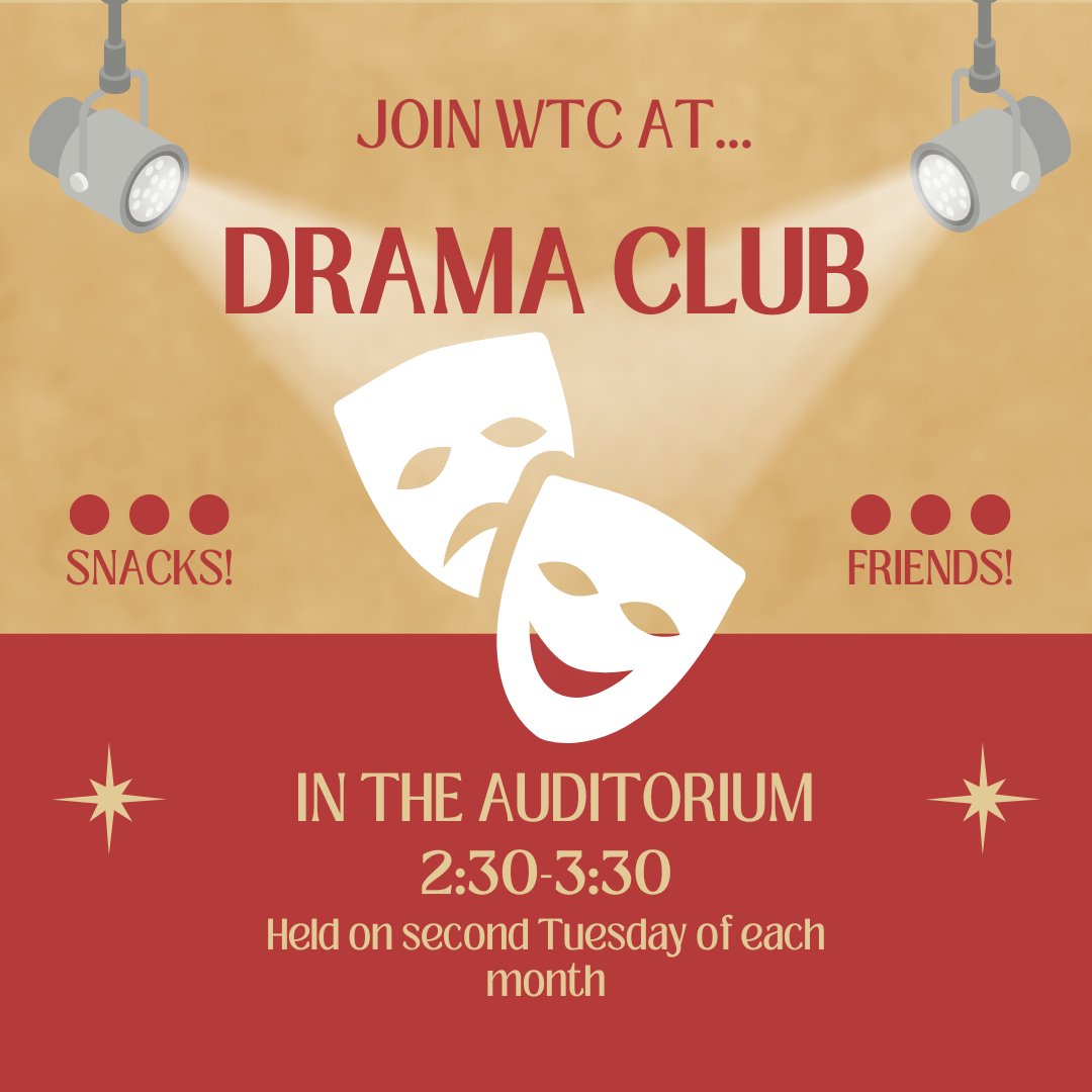 Wakefield High School is having their first Drama Club meeting of the year! It will be this Tuesday, September 12th, from 2:30-3:30! We will be playing fun theatre games and having snacks! Hope to see you there!!

Poster by our amazing Milo🤠