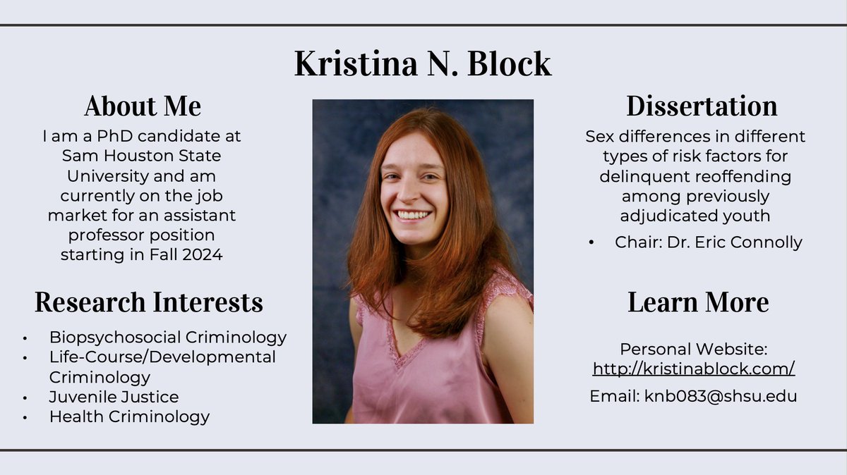 I'm officially on the academic job market! I'm looking to be hired as an assistant professor in Criminology/CJ. Please reach out if you know of any opportunities or have advice to share! #AcademicJobMarket #PhDLife #HigherEd #Crimtwitter