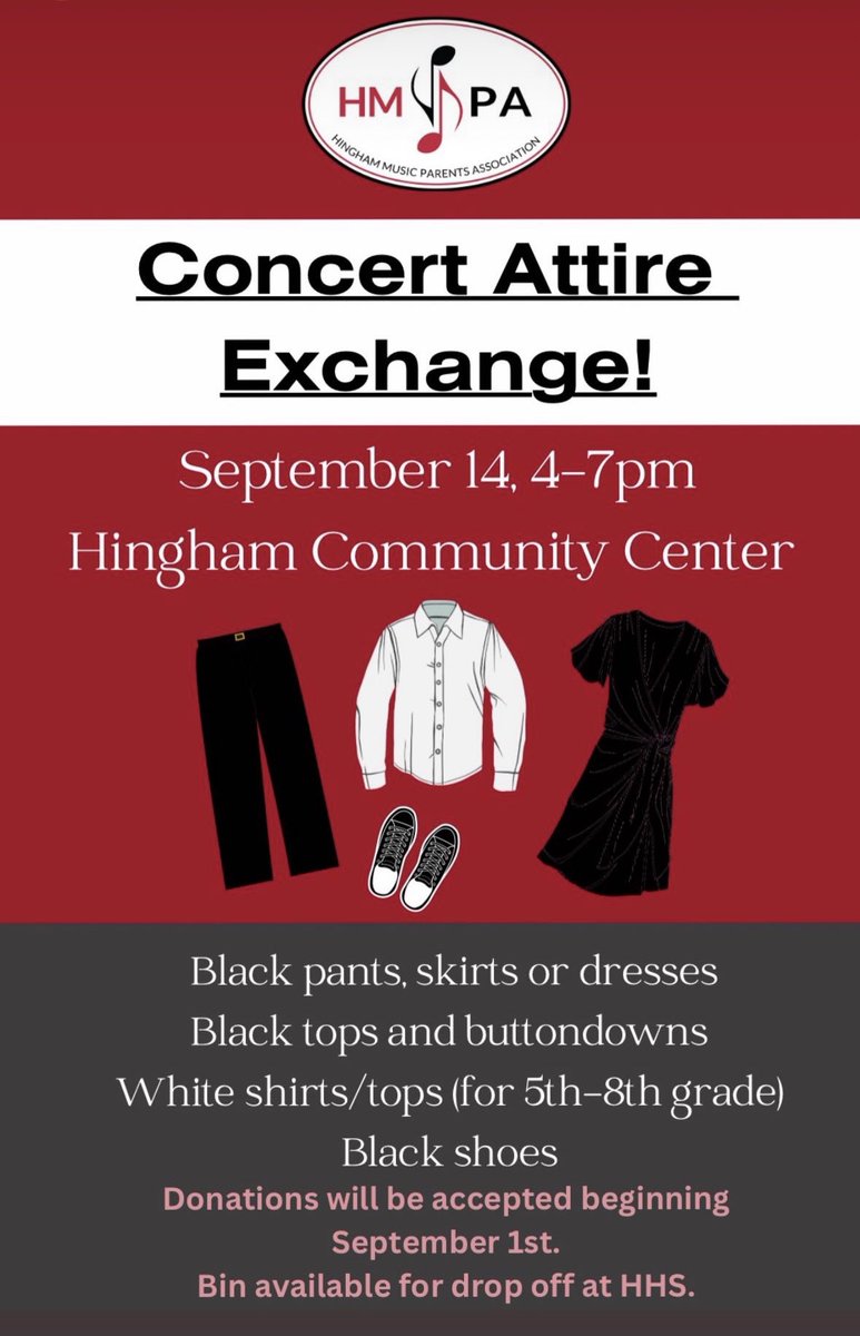 Our Concert Clothing Exchange is coming this week! <a href="/rswansonhingham/">Rick Swanson</a> <a href="/MAdamsSupt/">Dr. Margaret Adams</a> <a href="/HPSAsstSupt/">Kathryn Roberts</a> <a href="/PRShingham/">Plymouth River Elementary School</a>