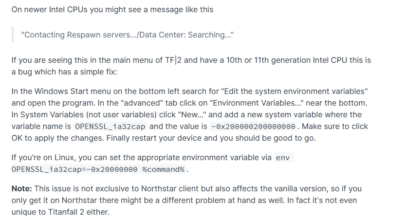 Iniqu1ty's tweet photo. Is your Titanfall 2 multiplayer not working? Greyed out? Stuck on "Contacting Respawn servers"?

Don't refund! This is a known and fixable bug with 10th/11th Intel CPUs. https://t.co/L1Enb0wUZg