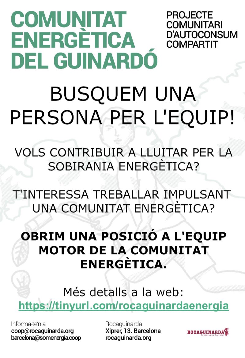 raul_aliana's tweet photo. Hola, 
a la comunitat energètica del Guinardó busquem una persona a mitja jornada per ajudar-nos a construir aquest projecte.
Molt interessant des del punt de vista ambiental, tecnològic i social!
Interessats envieu el CV a coop@rocaguinarda.org https://t.co/BHrLwJLEPw