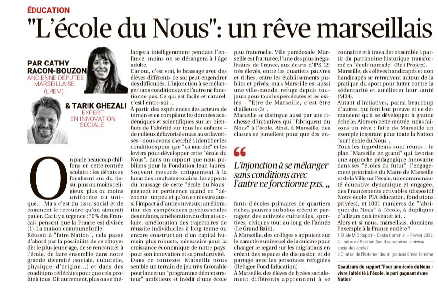 Merci à <a href="/laprovence/">La Provence</a> de nous avoir donné la parole ce dimanche suite à la publication du rapport « Pour une école du Nous: vivre l’altérité à l’école, le pari gagnant d’une Nation » par <a href="/j_jaures/">Fondation Jean-Jaurès</a>.
L’occasion de partager notre rêve marseillais.
