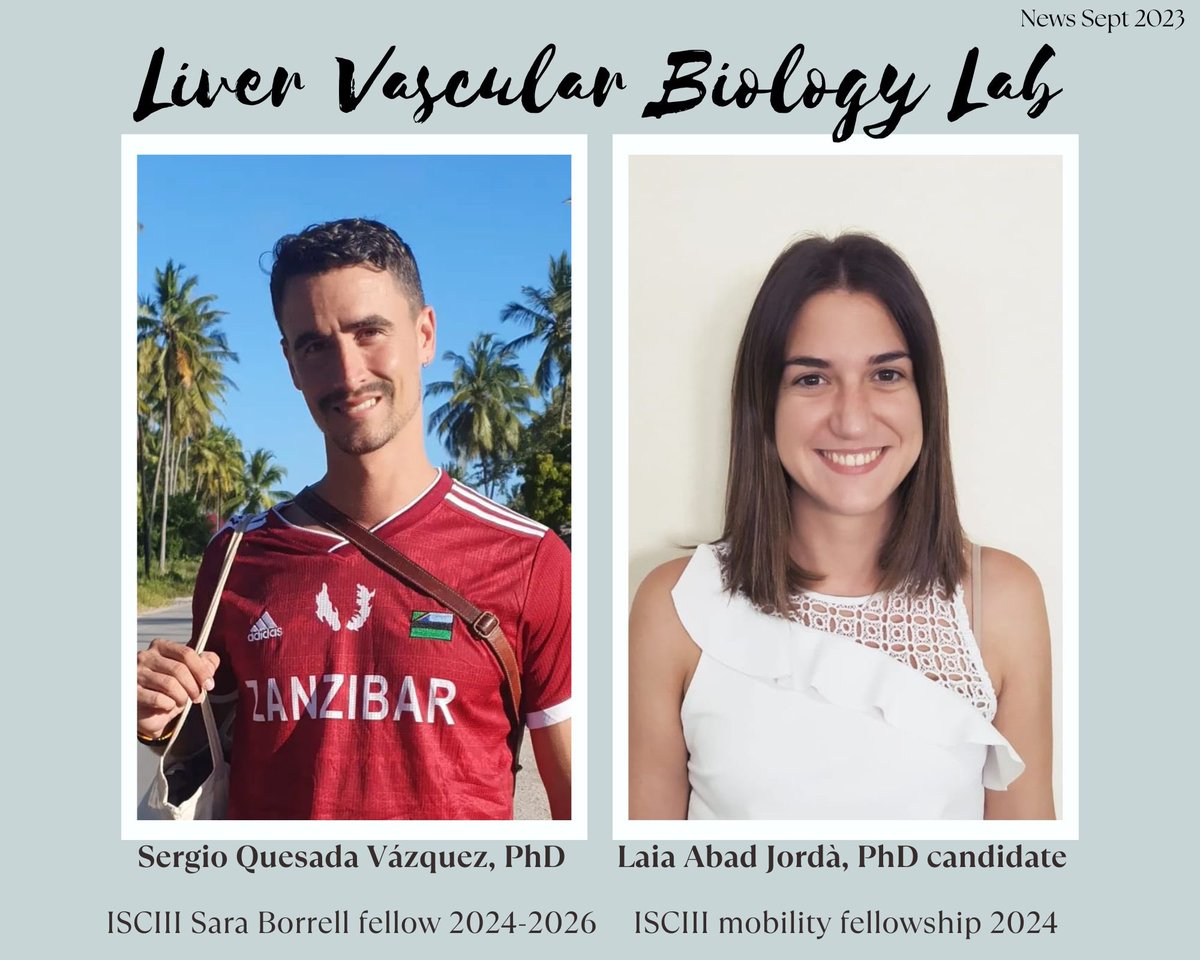 Jordi Gracia-Sancho (@jsgracia) on Twitter photo 🤩Let’s congratulate our fellows
- Sergio Quesada got a Sara Borrell postdoc fellowship to study mechanisms of liver vascular dysfunction
- Laia Abad got a mobility fellowship to learn from <a href="/AmaiaLujambio/">Dr. Amaia Lujambio</a> lab
Many thanks <a href="/SaludISCIII/">Instituto de Salud Carlos III (ISCIII)</a> for supporting young talented scientists‼️ 🤩Let’s congratulate our fellows
- Sergio Quesada got a Sara Borrell postdoc fellowship to study mechanisms of liver vascular dysfunction
- Laia Abad got a mobility fellowship to learn from <a href="/AmaiaLujambio/">Dr. Amaia Lujambio</a> lab
Many thanks <a href="/SaludISCIII/">Instituto de Salud Carlos III (ISCIII)</a> for supporting young talented scientists‼️
