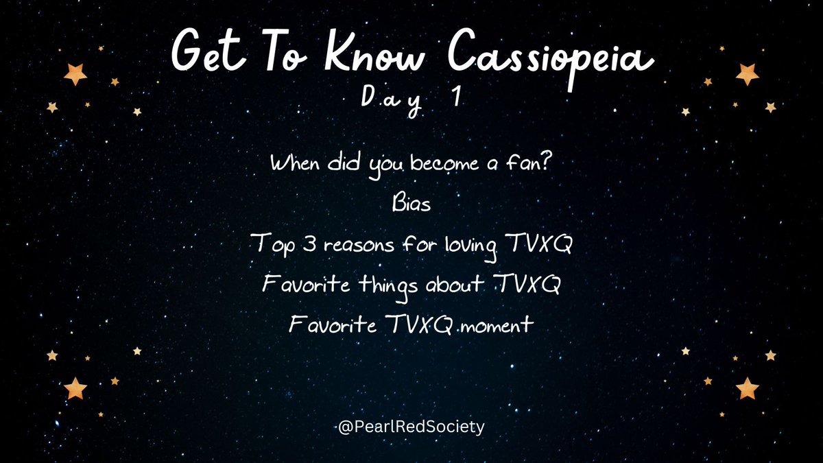 PearlRedSociety's tweet photo. It’s time for “Get To Know Cassiopeia!” We’ll post a series of five questions four times this week. Quote your answers. Maybe you’ll be able to make new Cassie friends. 😎🥰 #GetToKnowCassiopeia https://t.co/8vSAIanKyn