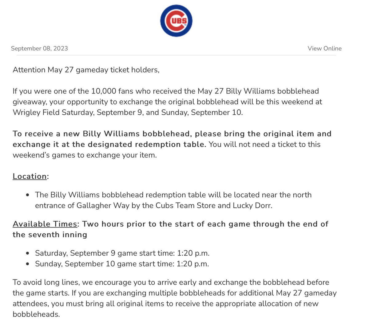 pooleboy96's tweet photo. Update re. the May 27 Billy Williams bobblehead debacle.

Makes it tough for @Cubs fans like me who traveled to the game and live far away from Chicago. https://t.co/l26FdWkSis