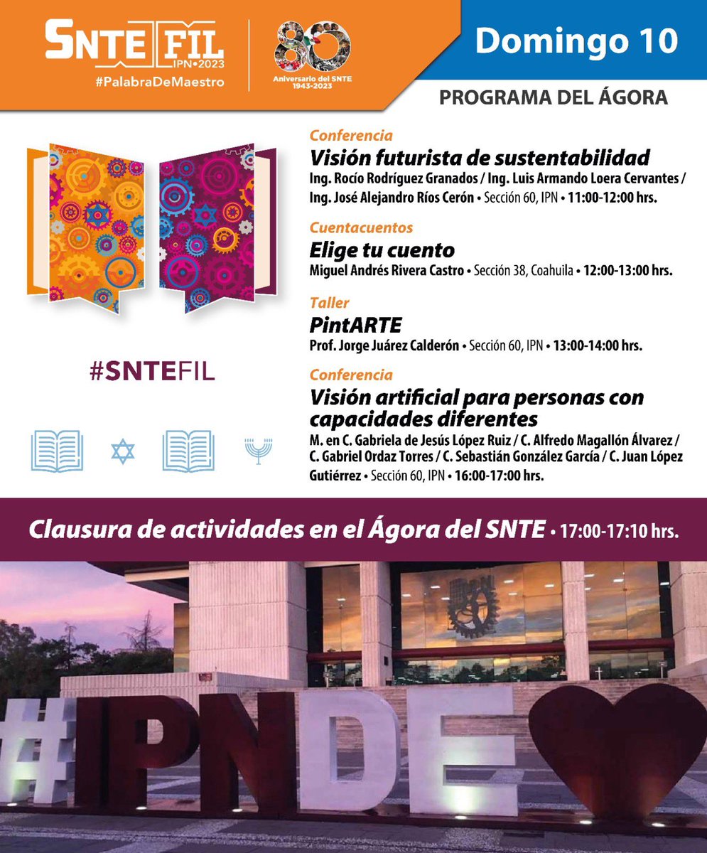 📝 AGENDA #SnteFIL 📝

𝗟𝗮 ú𝗹𝘁𝗶𝗺𝗮 𝘆 𝗻𝗼𝘀 𝘃𝗮𝗺𝗼𝘀 👋 Con 3 conferencias 🗣️ y 1 taller 👨‍🎨 cierra su cartelera el stand del magisterio #SNTE 📚 en la 𝟰𝟬 𝗘𝗱𝗶𝗰𝗶ó𝗻 de la #FILIPN2023 🪶 que hoy #FelizDomingo #10DeSeptiembre concluye 🙁 

#PalabraDeMaestro 🤚