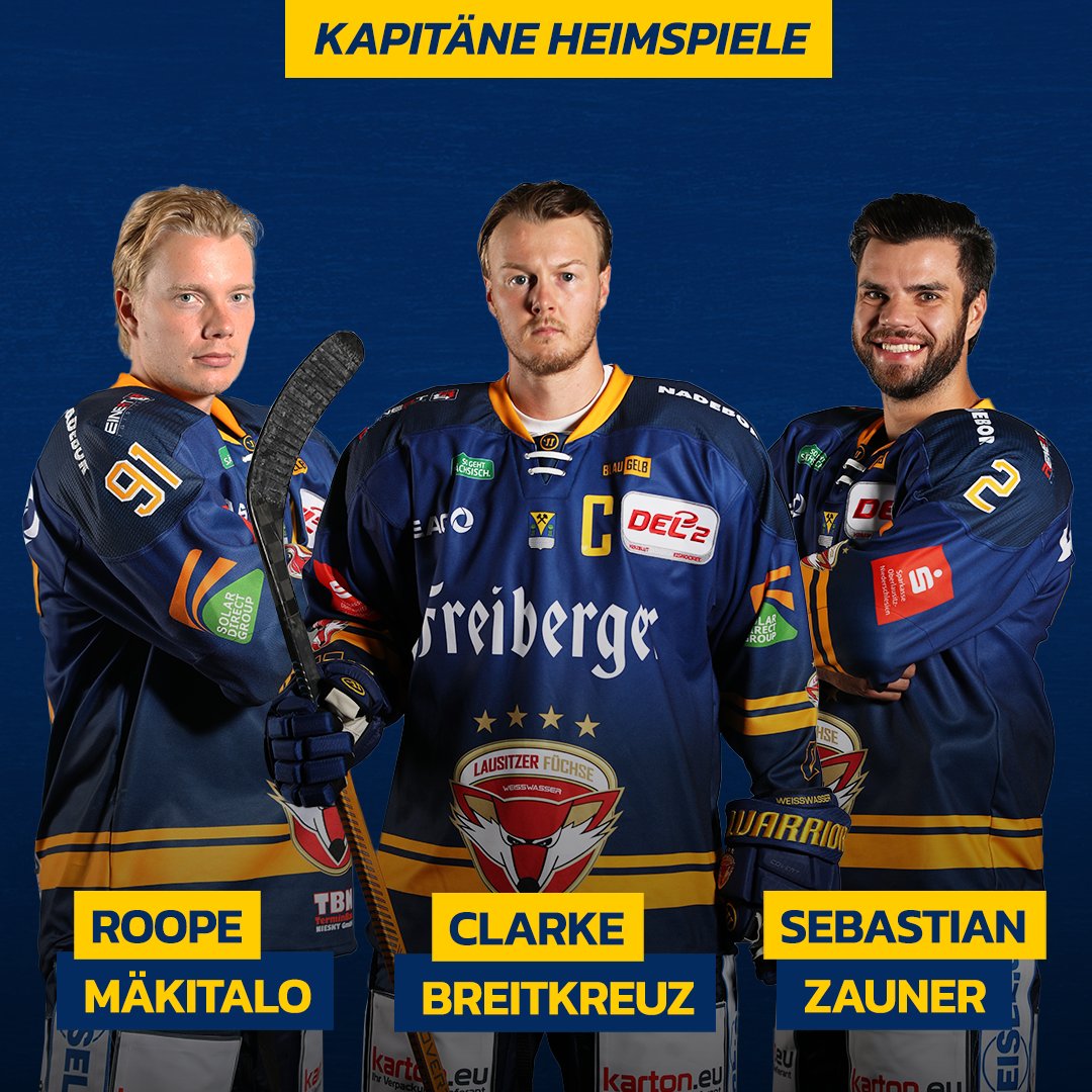 lausitz_fuechse's tweet photo. Das sind unsere Kapitäne der Saison 2023/24! 💪 Clarke Breitkreuz behält auch in dieser Saison das "C". 🏒 Bei den Heimspielen tragen Roope Mäkitalo und Sebastian Zauner das "A". Auf Auswärtsspielen sind Dominik Bohac und Lane Scheidl an der Seite des Captains. #lfx https://t.co/zc1pJSzZSf