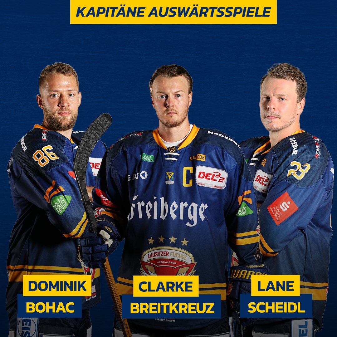 lausitz_fuechse's tweet photo. Das sind unsere Kapitäne der Saison 2023/24! 💪 Clarke Breitkreuz behält auch in dieser Saison das "C". 🏒 Bei den Heimspielen tragen Roope Mäkitalo und Sebastian Zauner das "A". Auf Auswärtsspielen sind Dominik Bohac und Lane Scheidl an der Seite des Captains. #lfx https://t.co/zc1pJSzZSf