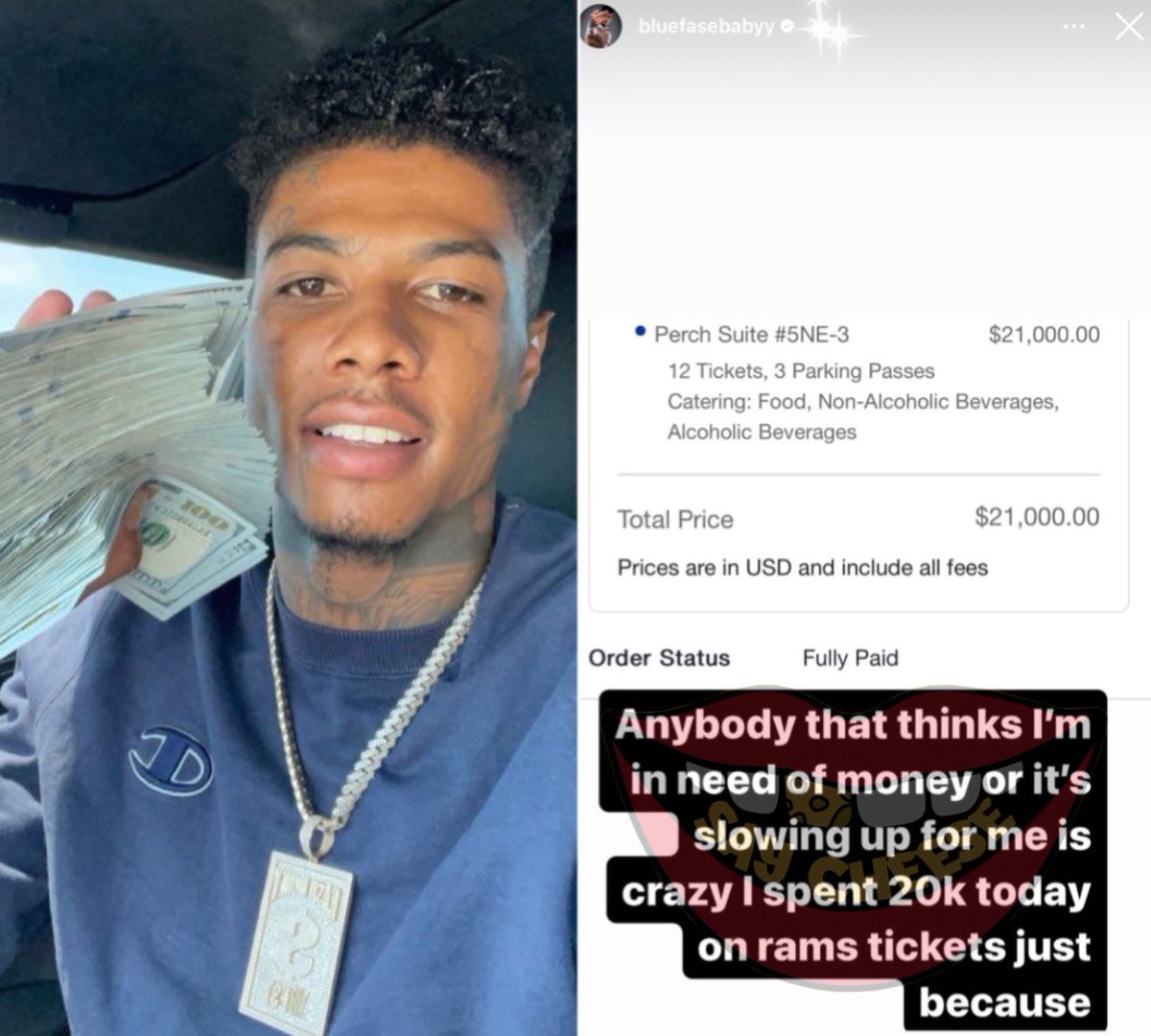SaycheeseDGTL's tweet image. Blueface spent $20,000 on tickets to the rams game to prove he's not broke or in need of money