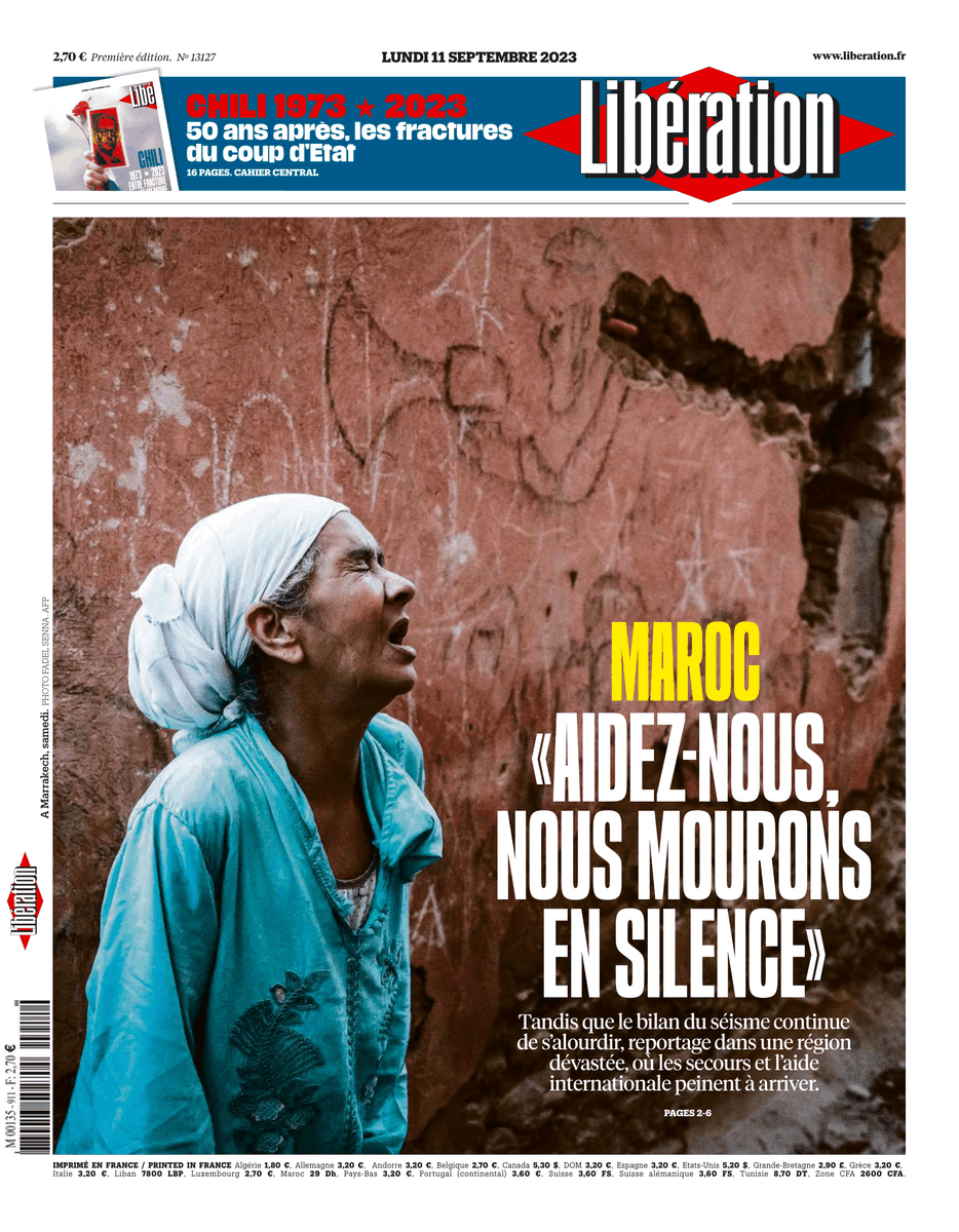 libe's tweet photo. 🔴 Maroc : «Aidez-nous, nous mourons en silence»

C'est la une de @Libe lundi. Avec un cahier central 16 pages spécial Chili : 50 ans après, les fractures du coup d'Etat

Lire : https://t.co/nj2k4mQp7h https://t.co/cMZOtJNDc9