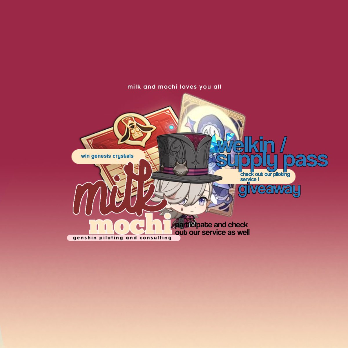 MilkMochipilots's tweet photo. milk &amp; mochi giveaway 🍁
chance to win a welkin/supply pass

★ follow us 
★ like &amp; rt the post 
★ like &amp; rt the qrt post 
★ comment who you are saving for (opt)
ends on 1st — 4th oct ! 

#genshintwt #milkmochiga #Genshin #GenshinImpact #HonkaiStarRail #hsr https://t.co/rHbWGBSQ6v