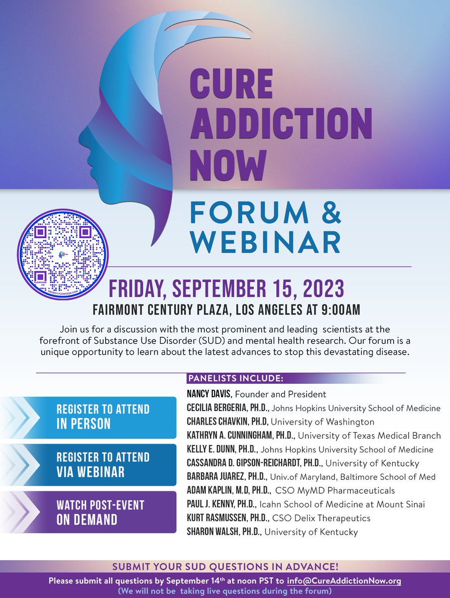 Please attend our 9/15/2023 <a href="/CureAddNowOrg/">CureAddictionNow</a> forum on #SUDs featuring my impressive colleagues <a href="/ceciliabergeria/">Cecilia Bergeria</a> and @CassieGipson3 among others. We'll discuss #xylazine, #craving, #fentanyl, #overdose and more. Registration is free!  cureaddictionnow.org/forum/