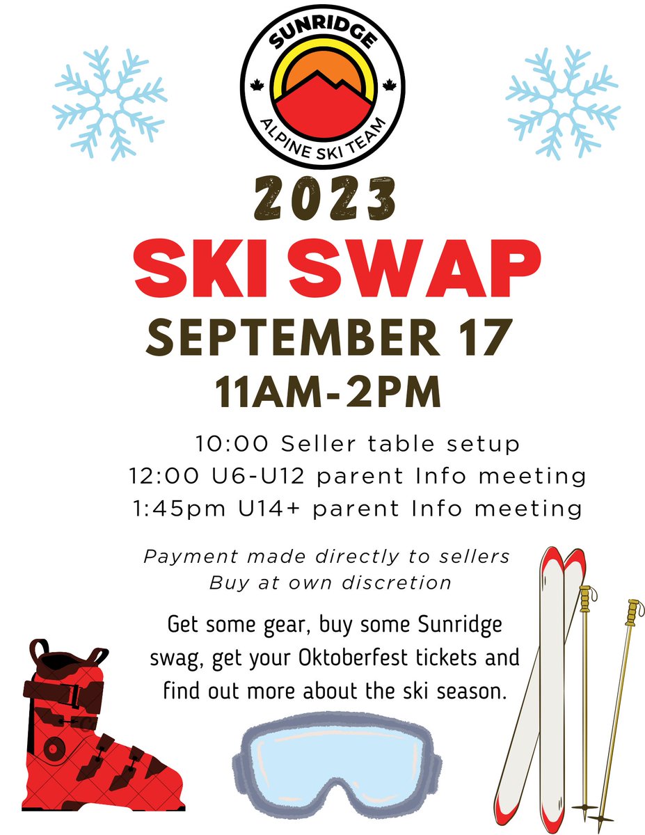 SunridgeSkiTeam's tweet photo. 📌 The 2023 ski swap is Sunday, September 17.

🎿 Find new or new-to-you skis, poles, boots, apparel, and safety equipment.

🎿 So dust off your gear, try is on and we'll see you next weekend.

🎟️ Remember to check in at the apparel table to pickup your Oktoberfest tickets. https://t.co/44im3l0TPD