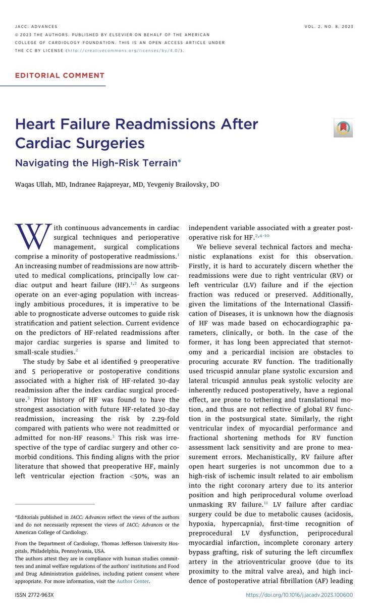 Read our editorial in @JACCJournals on the great work done by @afshin_ehsan and colleagues on heart failure readmissions after cardiac surgeries @YevgeniyBr @IRajapreyar @TJHeartFellows. Editorial: jacc.org/doi/10.1016/j.…. Original Article: jacc.org/doi/10.1016/j.…