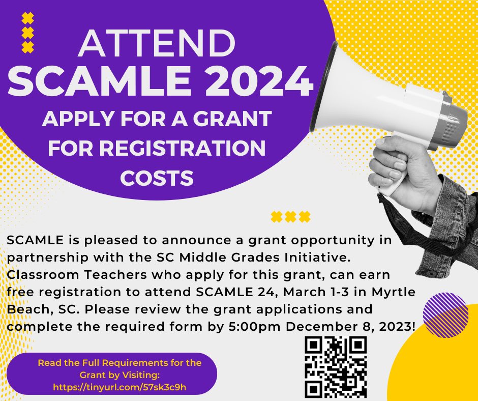 The_SCAMLE's tweet image. SCAMLE is pleased to announce a grant opportunity for teachers and preservice teachers to attend our conference in March! Please see below for details or visit scamle.org today 📚