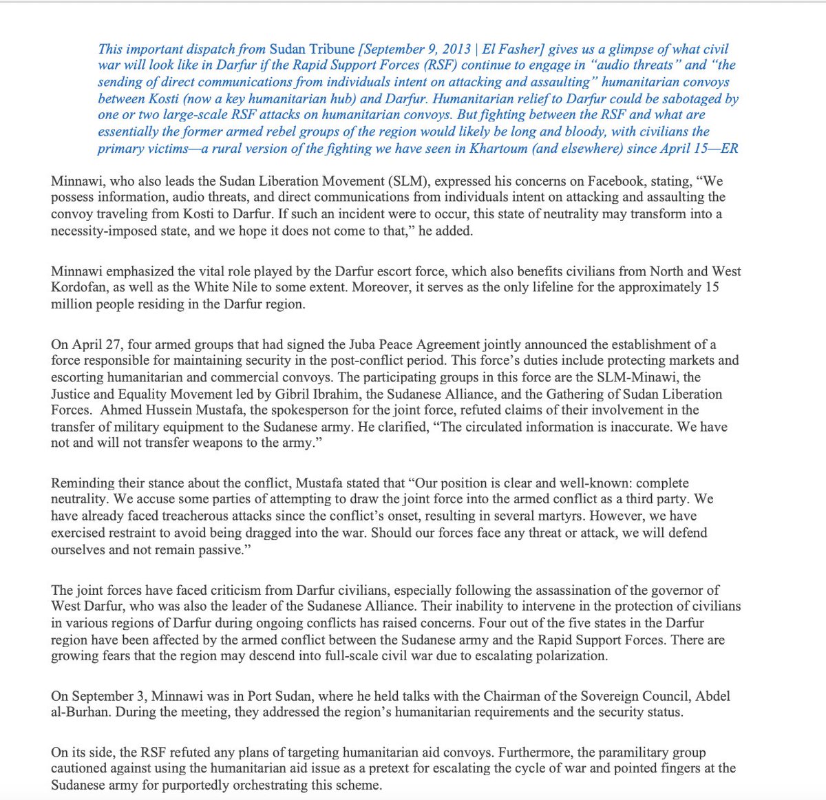sudanreeves's tweet photo. “We possess information, audio threats, and direct communications from individuals intent on attacking and assaulting the [humanitarian] convoy traveling from #Kosti to #Darfur,” says SLM Leader (and member “joint forces of armed groups”) and Darfur Governor Minni #Minawi. https://t.co/geNE4xn5dy