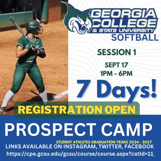 GCSU_Softball's tweet photo. One week away!! Spots still available. Sign up while they last!! #gcsubobcats💙🐾💚🐾 https://t.co/KQCowDPDsm