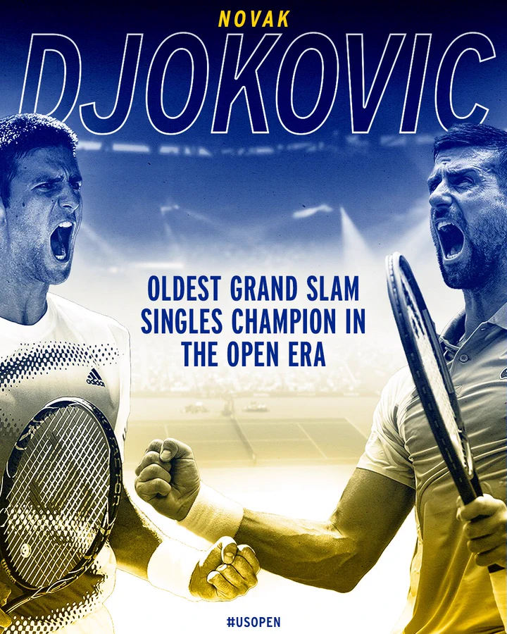 Graphic showing Novak Djokovic is oldest Grand Slam singles champion in open era. 