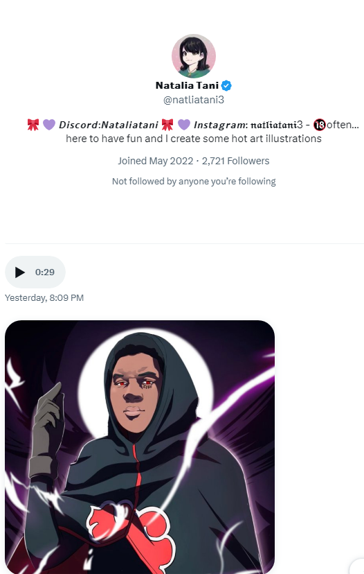 Retweets appreciated! 

ART SCAM ALERT! 

I want to warn you all of @natliatani3. She is an artist who reached out to me yesterday about my request to get some Naruto Art done. She stood out to me as she sent voice recordings instead of just generic artist messages