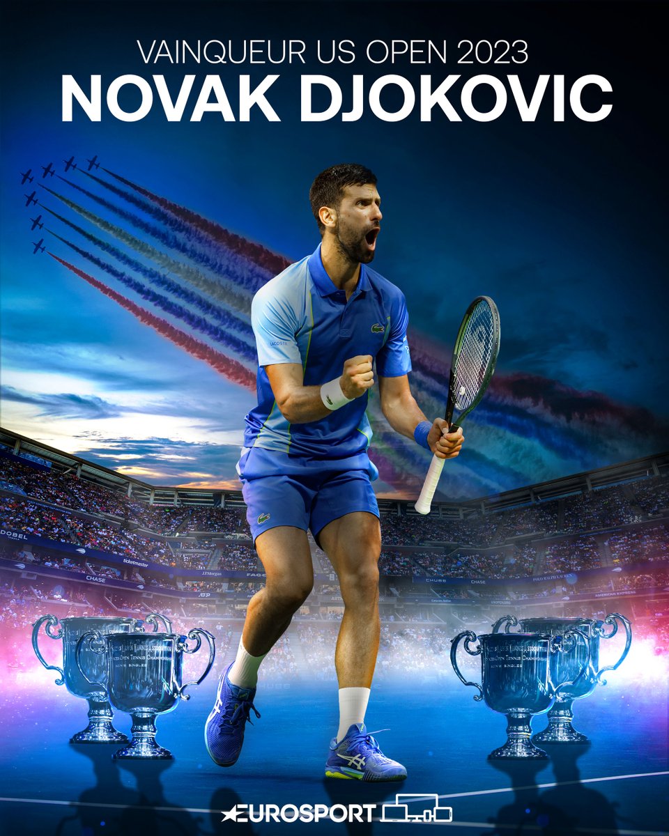 Eurosport_FR's tweet photo. Toujours plus haut, toujours plus fort ! Djokovic dompte Medvedev en 3 sets en finale (6-3, 7-6, 6-3) et remporte un 24e tournoi du Grand Chelem à 36 ans #USOpen #HomeOfTennis https://t.co/WGVZ3hHpfs