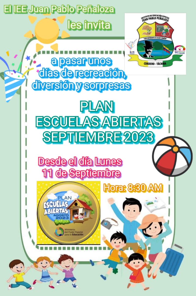 IEE Juan Pablo Peñaloza (@ieejuanpablop) on Twitter photo 📢 Importante:
El <a href="/IEEJuanPabloP/">IEE Juan Pablo Peñaloza</a> les invita desde este 📅 Lunes #11Sep al Plan Escuelas Abiertas 💒 en la Sede de nuestro Instituto🏘️.
🕣 8:30 AM.
👉Asiste👈
🎉 ¡Te esperamos! 🥳
<a href="/Berzabethg1/">Berzabethgandicaoficial</a> <a href="/_LaAvanzadora/">Yelitze Santaella</a> <a href="/NicolasMaduro/">Nicolás Maduro</a> <a href="/CDCETachira/">CDCE Táchira</a> <a href="/info_mppe/">INFO MPPE</a> <a href="/Div_Ini_Pri_Esp/">Divi. de Niños y Niñas ZET</a> <a href="/EeTachira/">Especial Tachira</a> 📢 Importante:
El <a href="/IEEJuanPabloP/">IEE Juan Pablo Peñaloza</a> les invita desde este 📅 Lunes #11Sep al Plan Escuelas Abiertas 💒 en la Sede de nuestro Instituto🏘️.
🕣 8:30 AM.
👉Asiste👈
🎉 ¡Te esperamos! 🥳
<a href="/Berzabethg1/">Berzabethgandicaoficial</a> <a href="/_LaAvanzadora/">Yelitze Santaella</a> <a href="/NicolasMaduro/">Nicolás Maduro</a> <a href="/CDCETachira/">CDCE Táchira</a> <a href="/info_mppe/">INFO MPPE</a> <a href="/Div_Ini_Pri_Esp/">Divi. de Niños y Niñas ZET</a> <a href="/EeTachira/">Especial Tachira</a>