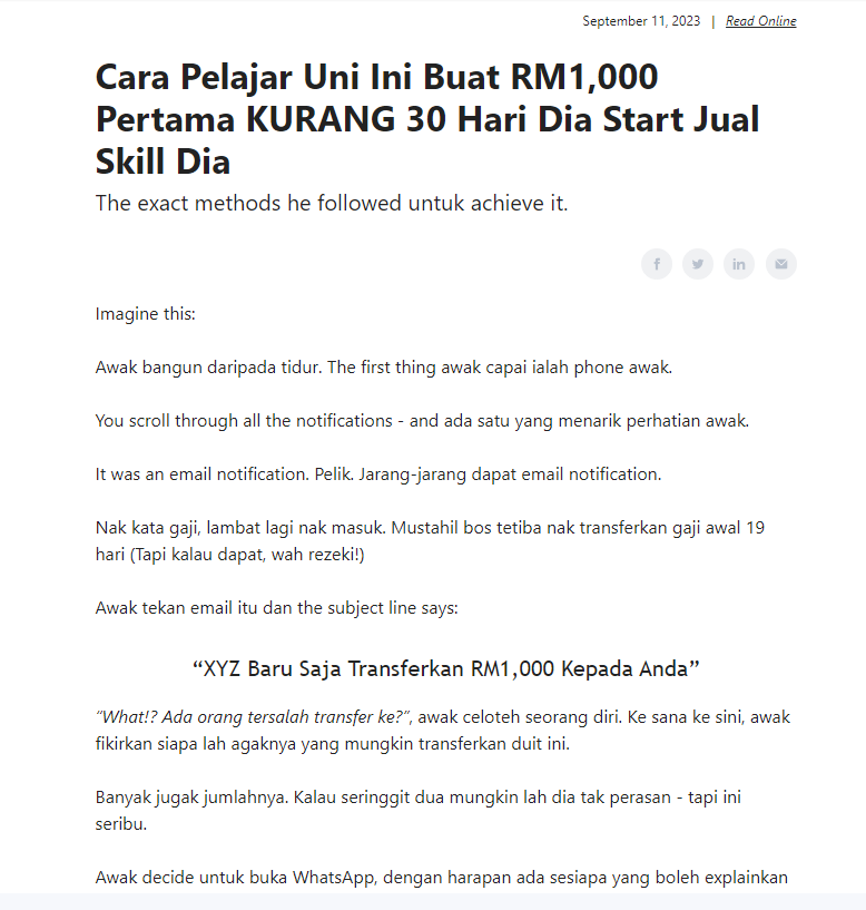 thepaehbrian's tweet photo. "XYZ Baru Saja Transferkan RM1,000 Ke Akaun ABC Anda"

Cuba bayangkan kalau kita bangun hari Sabtu pagi dan dapat email macam tu.

How would you feel?

Most probably excited and empowered.

And lagi best bila kita menjual something yang kita:

+ Tahu
+ Minat
+ Nak lagi power

Rasa macam nak terbang.

And all you need is 30 days.

30 days sebenarnya dah cukup untuk buat RM1,000 dengan skill kita - even if kita baru nak start.

The proof is R.H (bukan nama sebenar) yang buat RM1,000 kurang 30 hari dia start jual skill dia.

He didn't know ANYTHING - but still started.

Email hari ni saya akan share all the steps that he did, so that you can too.

Link untuk subscribe ada di tweet kedua.