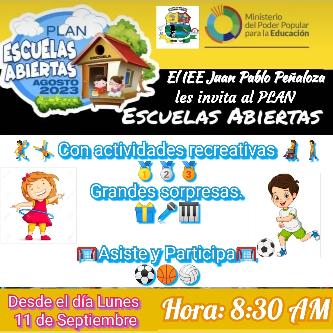 IEE Juan Pablo Peñaloza (@ieejuanpablop) on Twitter photo 📢 Importante:
El <a href="/IEEJuanPabloP/">IEE Juan Pablo Peñaloza</a> les invita desde este 📅 Lunes #11Sep al Plan Escuelas Abiertas 💒 en la Sede de nuestro Instituto🏘️.
🕣 8:30 AM.
👉Asiste👈
🎉 ¡Te esperamos! 🥳
<a href="/CDCETachira/">CDCE Táchira</a> <a href="/EeTachira/">Especial Tachira</a> <a href="/especialmppe/">Dir. General de Educ. Especial</a> <a href="/_LaAvanzadora/">Yelitze Santaella</a> <a href="/Berzabethg1/">Berzabethgandicaoficial</a> <a href="/Div_Ini_Pri_Esp/">Divi. de Niños y Niñas ZET</a> <a href="/NicolasMaduro/">Nicolás Maduro</a> 📢 Importante:
El <a href="/IEEJuanPabloP/">IEE Juan Pablo Peñaloza</a> les invita desde este 📅 Lunes #11Sep al Plan Escuelas Abiertas 💒 en la Sede de nuestro Instituto🏘️.
🕣 8:30 AM.
👉Asiste👈
🎉 ¡Te esperamos! 🥳
<a href="/CDCETachira/">CDCE Táchira</a> <a href="/EeTachira/">Especial Tachira</a> <a href="/especialmppe/">Dir. General de Educ. Especial</a> <a href="/_LaAvanzadora/">Yelitze Santaella</a> <a href="/Berzabethg1/">Berzabethgandicaoficial</a> <a href="/Div_Ini_Pri_Esp/">Divi. de Niños y Niñas ZET</a> <a href="/NicolasMaduro/">Nicolás Maduro</a>