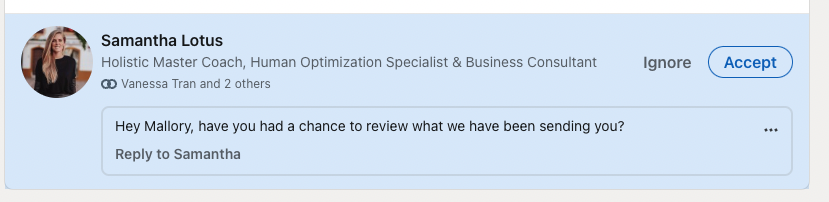 this_is_mallory's tweet photo. Adding LinkedIn to the platforms that she's messaged me on 😬

She said I have 24 hours but this is the third platform she's messaged me on just this afternoon. https://t.co/qjsXcghCNo