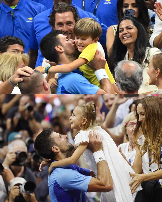 Novak Djokovic celebrates with his children. 