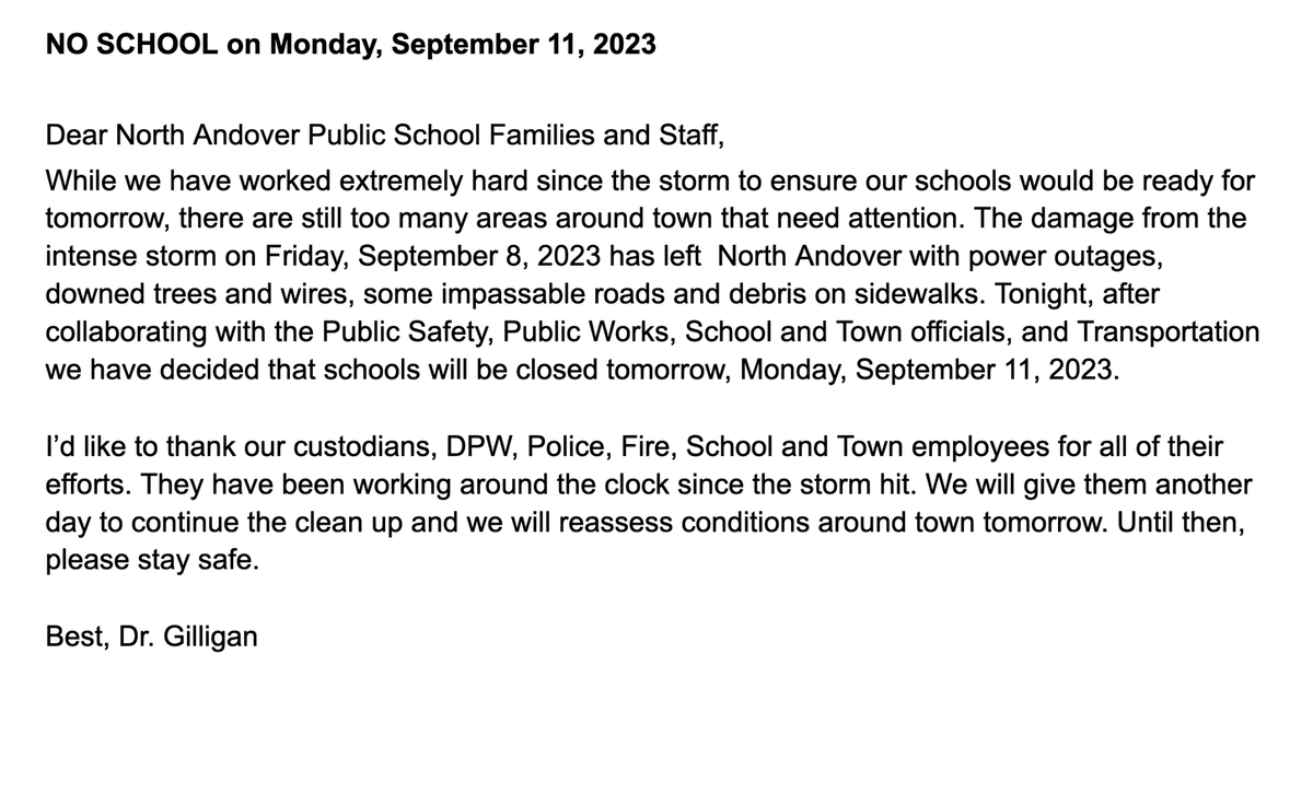 GreggGilligan's tweet photo. NO SCHOOL, ALL SCHOOLS, 9/11/2023
Schools are closed tomorrow ( Monday, 9/11/23) https://t.co/Djz58VjlkQ