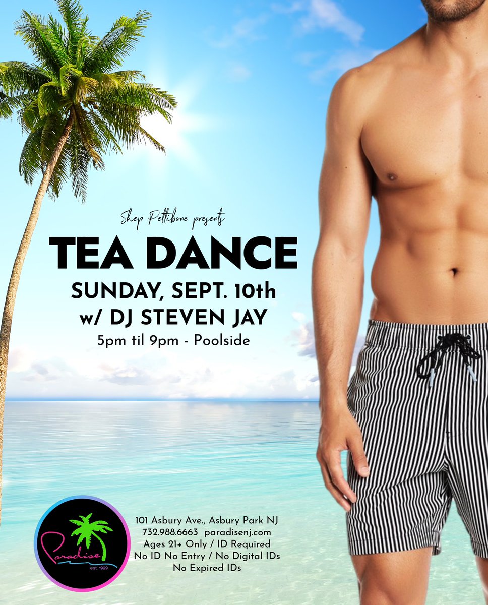 paradiseclubnj's tweet photo. Tea Dance - Sun., Sept. 10th πβ€οΈπ΄
DJ Steven Jay - 5pm til 9pm
#asburyparknj #paradisenj #gay #lgbtq #apnj #gaybar #teadance #lgbt #pride #lgbtpride #lgbtcommunity #gaypride #labordayweekend #instagay https://t.co/DmfJUdRZuA