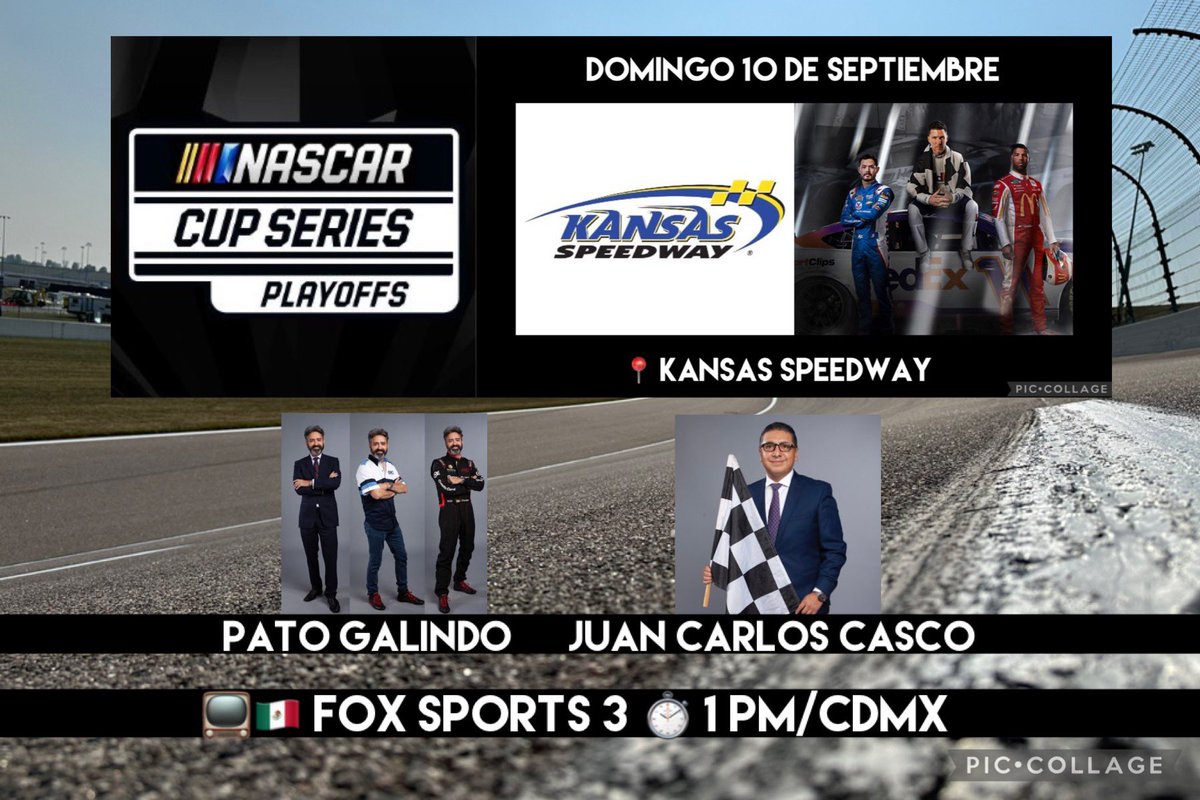 🏆 @Nascar
🛣️ @kansasspeedway 
📺🇲🇽 #FoxSport3
⏱️Domingo 10 de Septiembre 1 PM/CDMX
🎙️ @elpatogalindo
🎙️ @jccasco 

#NASCAR75     #NASCARPlayoffs  #NascarXFox #TvSportMx