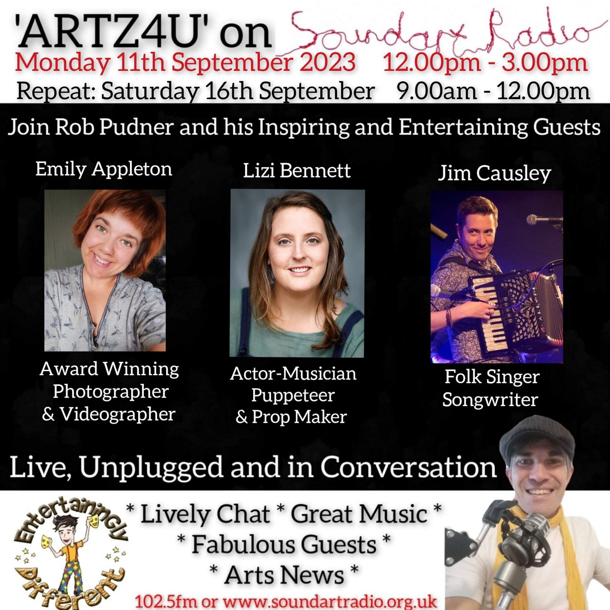 Rob Pudner (@entertaininglyd) on Twitter photo 📻 ARTZ4U returns to the airwaves tomorrow - check out the line up - <a href="/SWTHEATREPHOTO/">SOUTHWEST THEATRE PHOTOGRAPHY</a>, <a href="/LiziBActor/">Elisabeth Burnette</a> and <a href="/jimcausley/">Jim Causley</a> and <a href="/EntertaininglyD/">Rob Pudner</a> of course! Tune in on Monday at 12pm or Saturday at 9am via 102.5fm, soundartradio.org.uk or by clicking on this link: icecast.commedia.org.uk:8000/soundart.mp3 📻 ARTZ4U returns to the airwaves tomorrow - check out the line up - <a href="/SWTHEATREPHOTO/">SOUTHWEST THEATRE PHOTOGRAPHY</a>, <a href="/LiziBActor/">Elisabeth Burnette</a> and <a href="/jimcausley/">Jim Causley</a> and <a href="/EntertaininglyD/">Rob Pudner</a> of course! Tune in on Monday at 12pm or Saturday at 9am via 102.5fm, soundartradio.org.uk or by clicking on this link: icecast.commedia.org.uk:8000/soundart.mp3