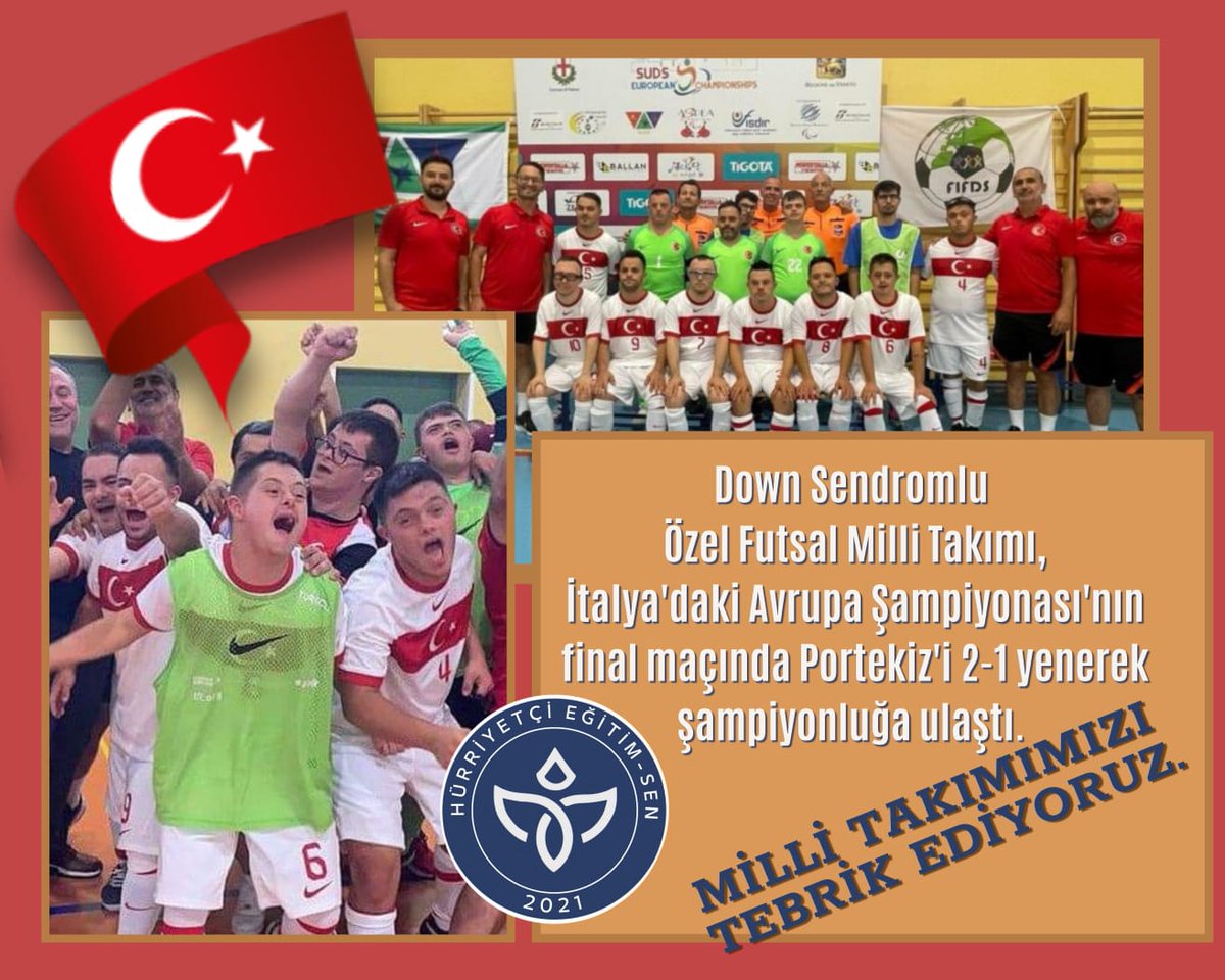 Down Sendromlu Özel Futsal Milli Takımı, İtalya’daki Avrupa Şampiyonası’nın final maçında Portekiz’i 2-1 yenerek şampiyonluğa ulaştı.
Milli Takımımızı tebrik ediyoruz 🇹🇷🇹🇷🇹🇷