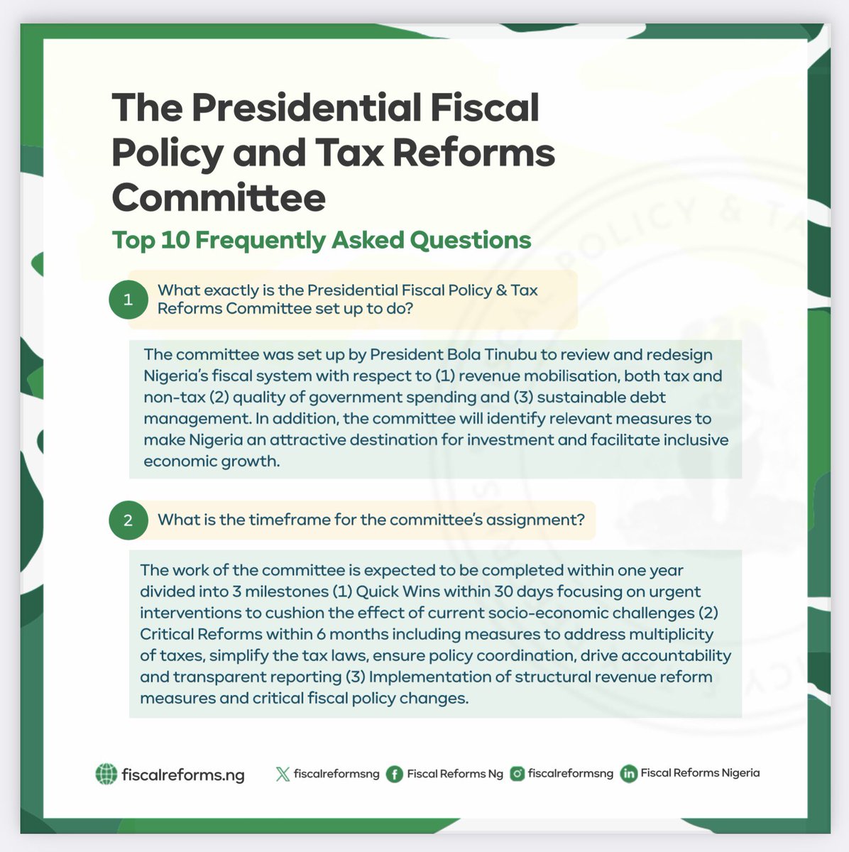 taiwoyedele's tweet photo. We have curated the 10 most frequently asked questions about the Presidential Fiscal Policy and Tax Reforms Committee. I am glad to say that we are making progress with our work and on track to meet our deliverables on time according to plan. 

Q1 - What exactly is the Presidential Fiscal Policy & Tax Reforms Committee set up to do?

A1 - The committee was set up by President Bola Tinubu to review and redesign Nigeria’s fiscal system with respect to (1) revenue mobilisation, both tax and non-tax (2) quality of government spending and (3) sustainable debt management. In addition, the committee will identify relevant measures to make Nigeria an attractive destination for investment and facilitate inclusive economic growth.

Q2 - What is the timeframe for the committee’s assignment?

A2 - The work of the committee is expected to be completed within one year divided into 3 milestones (1) Quick Wins within 30 days focusing on urgent interventions to cushion the effect of current socio-economic challenges (2) Critical Reforms within 6 months including measures to address multiplicity of taxes, simplify the tax laws, ensure policy coordination, drive accountability and transparent reporting (3) Implementation of structural revenue reform measures and critical fiscal policy changes.

Q3 - Is the committee’s mandate limited to only the federal government?

A3 - No. The committee will work with all levels of government as critical stakeholders to ensure effective collaboration in the design and implementation of necessary fiscal policy changes and localisation of reforms at the subnational level as may be applicable.

Q4 - Who are the members of the committee and what was the basis for their selection?

A4 - Members of the committee are drawn from a diverse pool of eminently qualified Nigerians across all geopolitical zones, age brackets, religion, and gender. They represent the private sector including trade associations, small businesses, civil society, and professional bodies as well as public sector institutions at federal, states and local government levels.

Q5 - How can the public contribute to the work of the committee?

A5 - The committee will open channels of communication and platforms for submission of inputs by the end of September 2023. In addition, we have outlined various stakeholder engagement sessions with Nigerians from all walks of life including people living with disabilities, artisans, Nigerians in the diaspora, multinational companies, international investment community and so on. Everyone who has something to say will be heard.

Q6 - Should we expect more taxes and frequent changes to the tax laws?

A6 - We do not intend to introduce new taxes or impose higher tax rates. Rather, our mandate is to reduce the number of taxes and levies while harmonising revenue collection to reduce the burden on the people and businesses. The objective is to avoid taxing investment, capital, production or poverty. We plan to review and re-enact the major tax laws in a holistic manner thereby limiting the necessity for frequent changes through annual finance acts.

Q7 - How does the committee intend to achieve a tax to GDP ratio of 18% within the next 3 years?

A7 - The average tax to GDP ratio for Africa excluding Nigeria is about 18%. This is the basis for the target of 18% and the estimated tax gap of N20 trillion. There is a huge opportunity to generate revenue by leveraging technology and tax intelligence to close the tax gap. In addition, we will rationalize incentives, reduce the cost of collection, and optimise revenue from government assets and natural resources. This way we can generate more revenue without introducing new taxes.