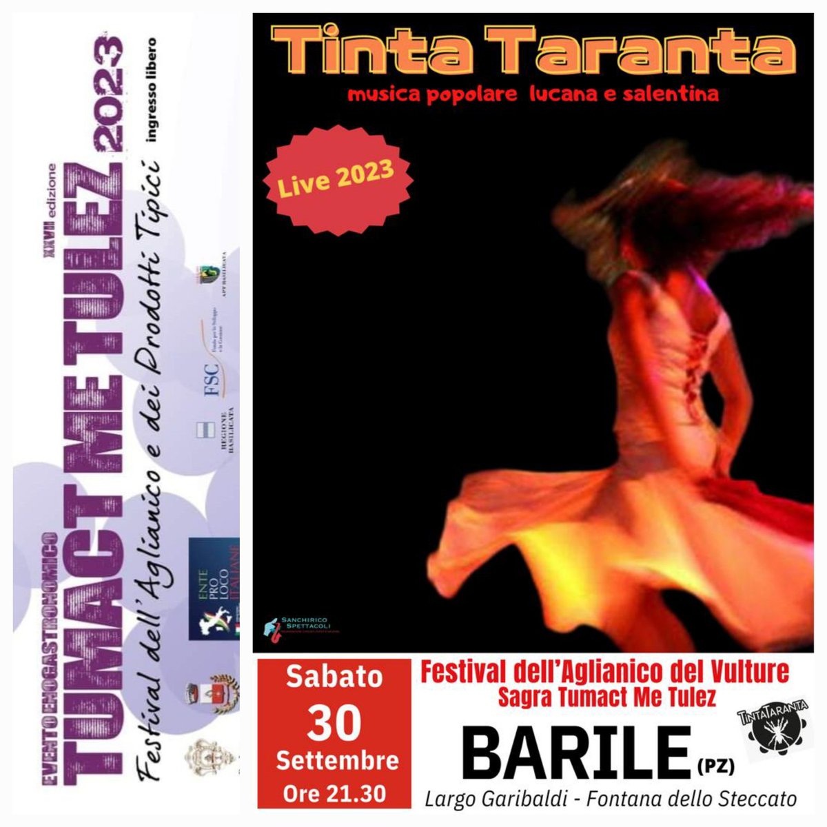 roccofranciosa's tweet photo. Gran concerto live
Tinta Taranta ๐๐บ๐ธ๐ถ
al ใFestival dell'Aglianico del Vulture e Prodotti Tipici - Sagra Tumact Me Tulezใ๐ท๐
Sabato 30 settembre 2023
start ore 21.30
Largo Garibaldi - Fontana dello Steccato #Barile
#tuttipazziperiltumaz ๐คฉ #dilusso https://t.co/lbTsZkHHZR