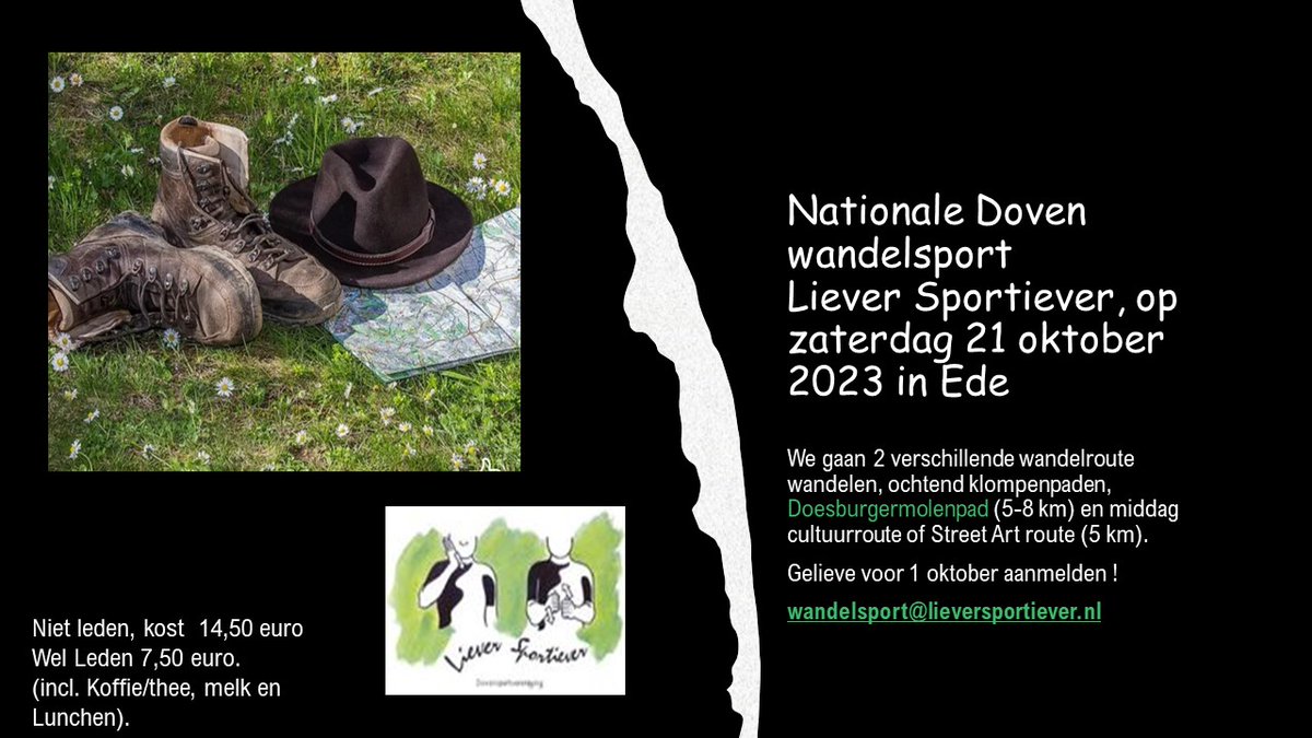 “Nationale Doven Wandeldag”, op zaterdag 21 oktober 2023 in Ede.
Zin in mee wandelen? Ga maar mee, maar wel eerste aanmelden, wandelsport@lieversportiever.nl.