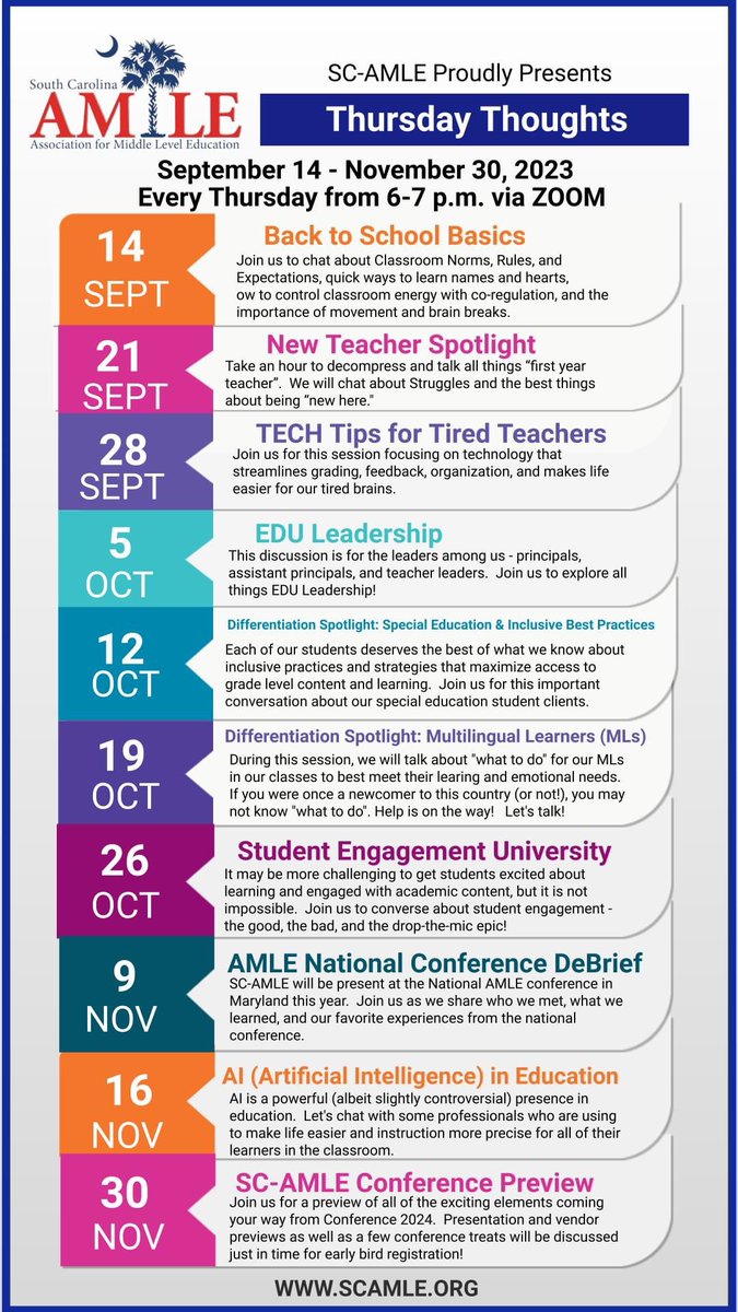 dmcdonald141's tweet image. Check out all these great #ThursdayThoughts sessions from @The_SCAMLE coming up this semester!   Join as a member and take advantage of these free sessions!