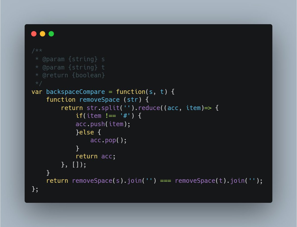 Day: 10
The function backspaceCompare() takes two strings, s and t, as input and returns a boolean value indicating whether the two strings are equal after removing all the backspace characters.
#AlgorithmSeptember #WebDev #JavaScript #Algorithms @RebaseAcademy #30daysAlgo