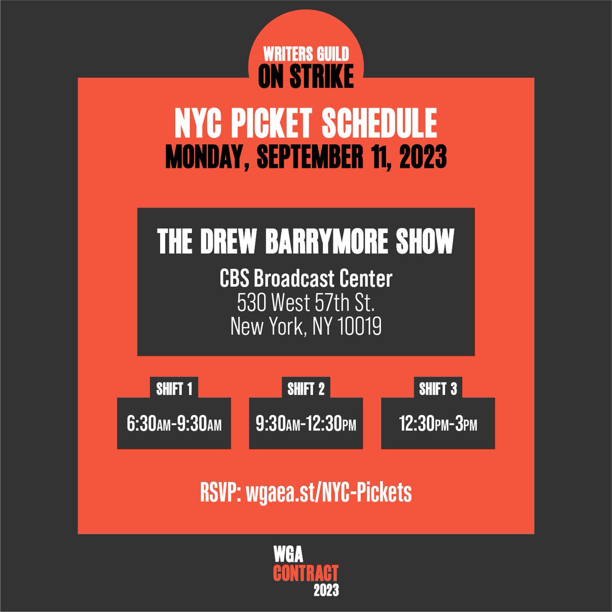 NYC Picket alert! Tomorrow 🪧 

Join us in holding the picket line at the Drew Barrymore Show as they resume taping, in the middle of dual Hollywood strikes.

Sign up for any of the 3 shifts: wgaea.st/NYC-Pickets

#WGAstrike